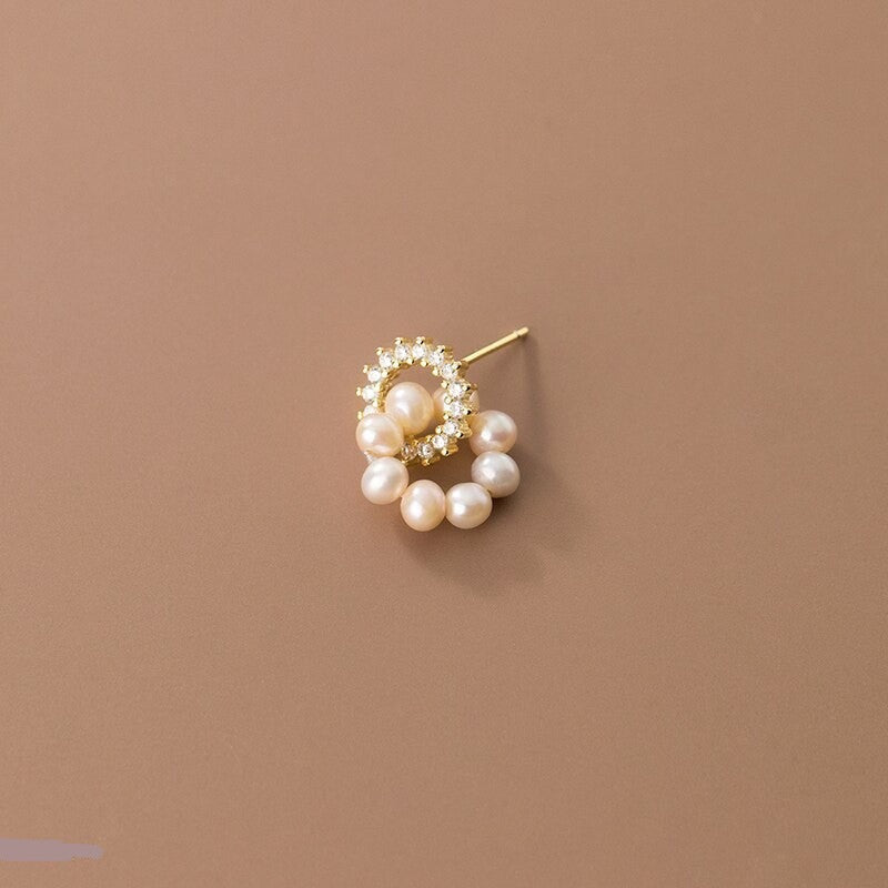 Anyco Fashion Earrings Sterling Silver Sweet Statement Gold Natural Baroque Pearl Stud Earrings for Women Fashion Charm Shiny Zircon Jewelry-Earrings-PEROZ Accessories