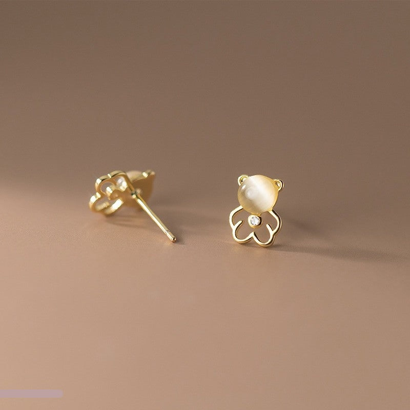 Anyco Fashion Earrings Sterling Silver Cute Opal Hollow Bear Small Earrings for Women Fashion Hip Hop Animal Jewelry Ear Bone Accessories-Earrings-PEROZ Accessories