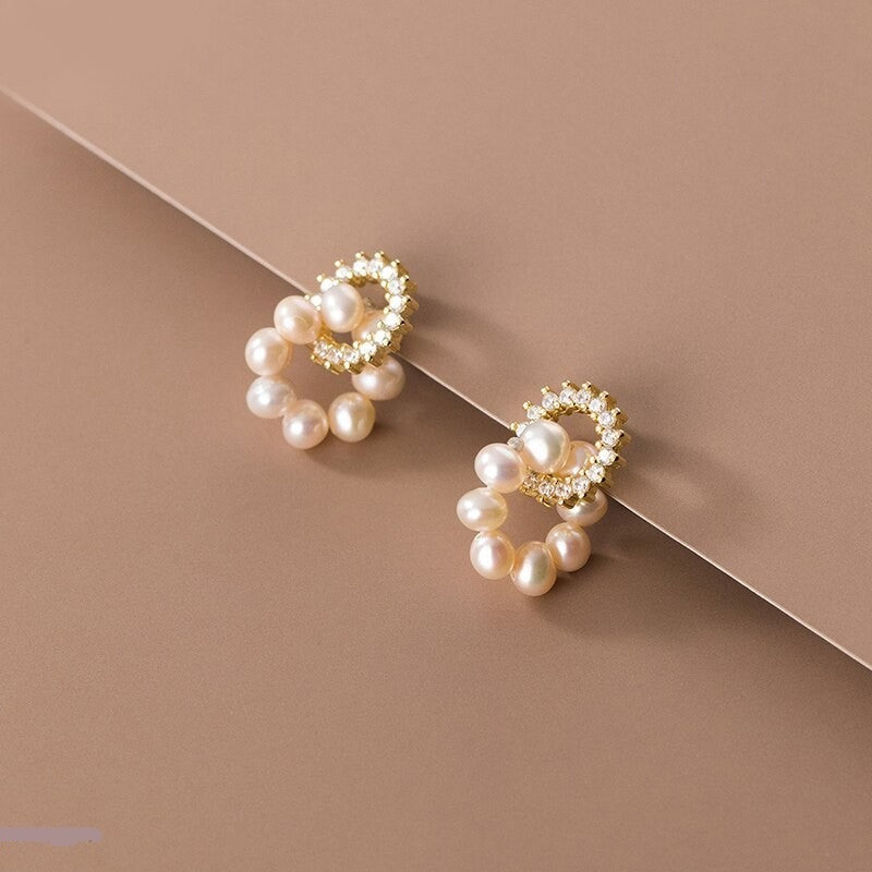 Anyco Fashion Earrings Sterling Silver Sweet Statement Gold Natural Baroque Pearl Stud Earrings for Women Fashion Charm Shiny Zircon Jewelry-Earrings-PEROZ Accessories