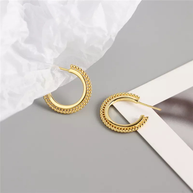 Anyco Earrings Gold Plated Bohemian Geometric Small Round Bead C-shaped Stud For Women Girl Perfect Fashion Stylish Accessories Jewelry Gifts-Earrings-PEROZ Accessories
