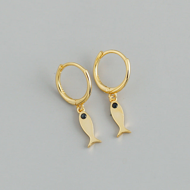 Anyco Earrings Gold Plated Minimalist Black Zircon Fashion Chic Fish Stud For Women Girl Fashion Stylish Rock Punk Accessories Jewelry Gifts-Earrings-PEROZ Accessories