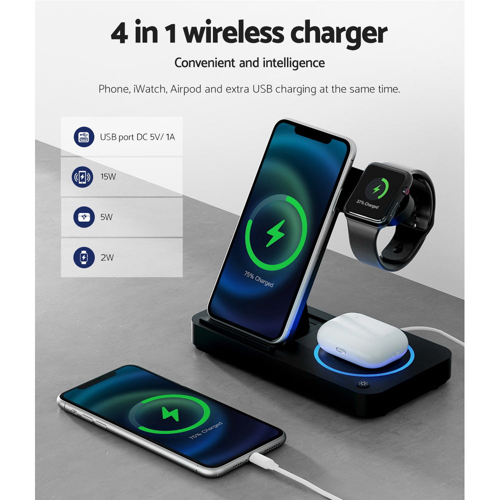 Devanti 4-in-1 Wireless Charger Station Fast Charging for Phone Black-Chargers-PEROZ Accessories
