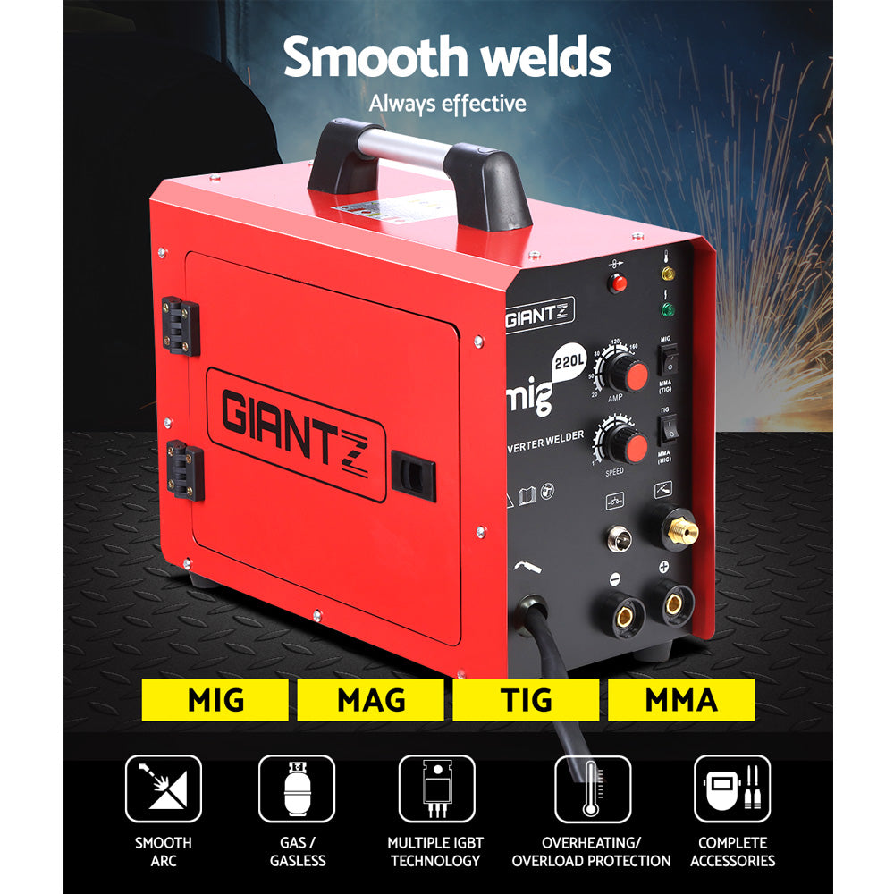 Giantz 220 Amp Inverter Welder MMA MIG DC Gas Gasless Welding Machine Portable-Tools > Power Tools-PEROZ Accessories