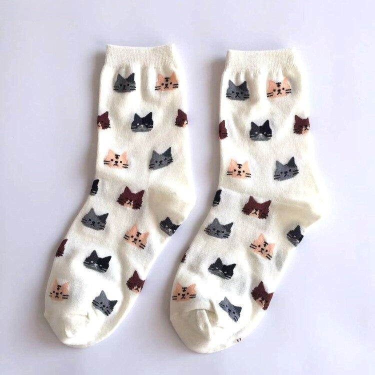 Anysox 5 Pairs White Cat Size 5-9 Fashion Socks High Quality Office Sports Bussiness Long Socks Cotton Solid Colors Skateboard Knitted Casual-Socks-PEROZ Accessories