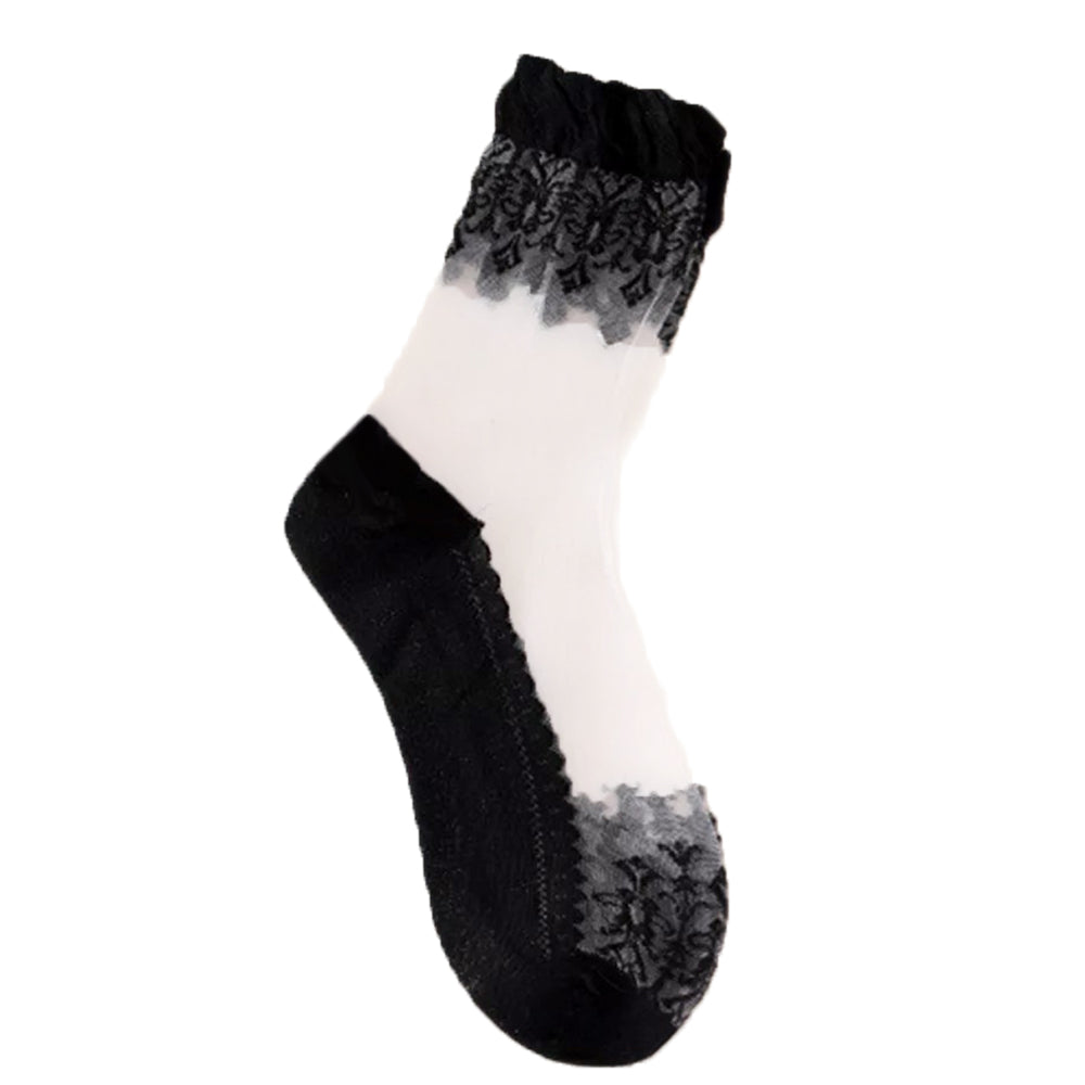 Anysox 5 Pairs Size 5-9 Fashion Socks Summer Lace Embroidery Breathable Silk Transparent Glass Crystal Stretch for Women Black-Socks-PEROZ Accessories