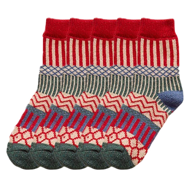 Anysox 5 Pairs Size 5-9 Fashion Socks Colorful Wind-Flowers Cotton Winter Thick Warm Wool Casual for Women Red-Socks-PEROZ Accessories