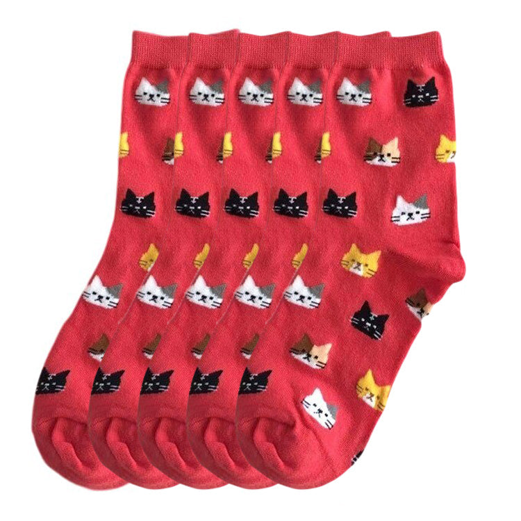 Anysox 5 Pairs Red Cat Size 5-9 Fashion Socks High Quality Office Sports Bussiness Long Socks Cotton Solid Colors Skateboard Knitted Casual-Socks-PEROZ Accessories
