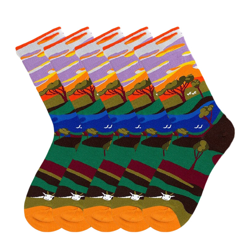 Anysox 5 Pairs Size 5-9 Fashion Socks Combed Cotton Art Abstract Nature Oil Painting Novelty Happy Funny Christmas Gift for Women-Socks-PEROZ Accessories