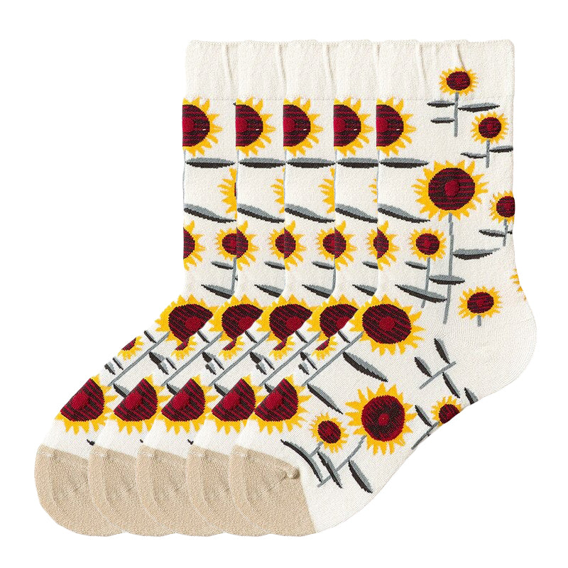 Anysox 5 Pairs Size 5-9 Fashion Socks Combed Cotton Art Abstract Sun Flower Oil Painting Novelty Happy Funny Christmas Gift for Women-Socks-PEROZ Accessories