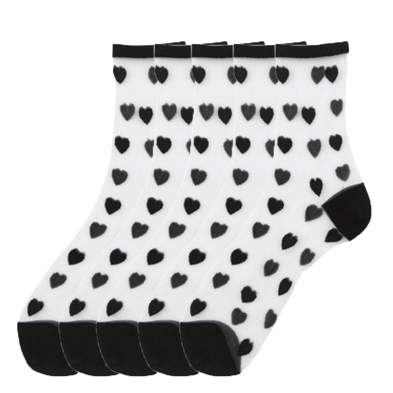 Anysox 5 Pairs Black Size 5-9 Heart Tull Glass Silk Design With Transparent Thin Mesh Color Full Nylon Sock Comfortable To Wear For Ladies-Socks-PEROZ Accessories