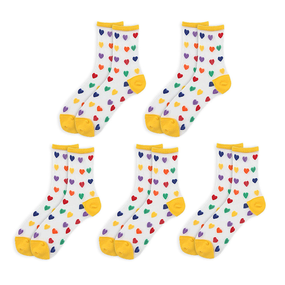 Anysox 5 Pairs Yellow Size 5-9 Heart Tull Glass Silk Design With Transparent Thin Mesh Color full Nylon Socks For Ladies-Socks-PEROZ Accessories