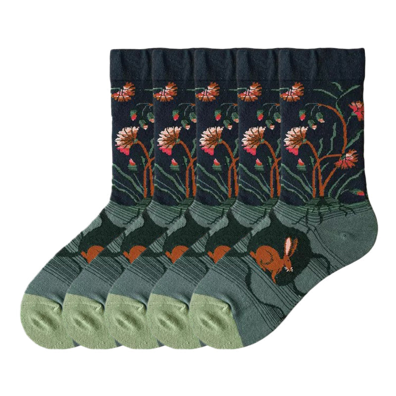 Anysox 5 Pairs Size 5-9 Fashion Long Sock Cartoon Personalized Creative Nature Rabbit and Flower Print For Men Woman Foot Cold Winter Warm Comfortable-Socks-PEROZ Accessories