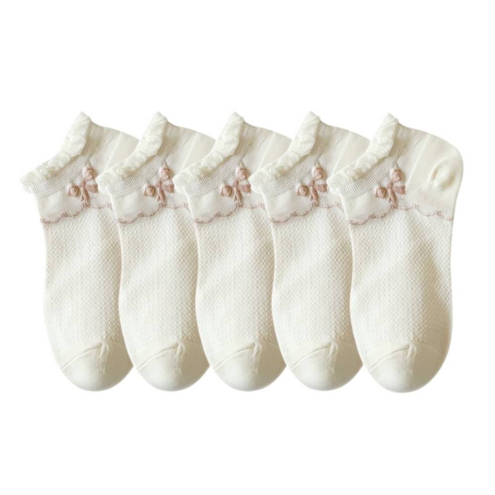 Anysox 5 Pairs One Size 35-40 Summer Short Boat Invisible Chaussette Ribbon Print Cotton Ankle Breathable Women Sock-Socks-PEROZ Accessories