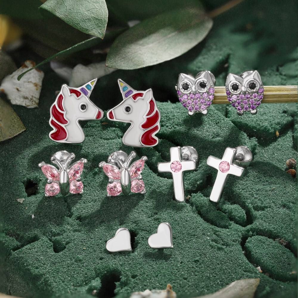 Anyco Earrings Unicorn Shape Hypoallergenic Nickel 925 Sterling Silver CZ Cubic Zirconia Tiny Enamel Stud Earrings for Kid-Earrings-PEROZ Accessories