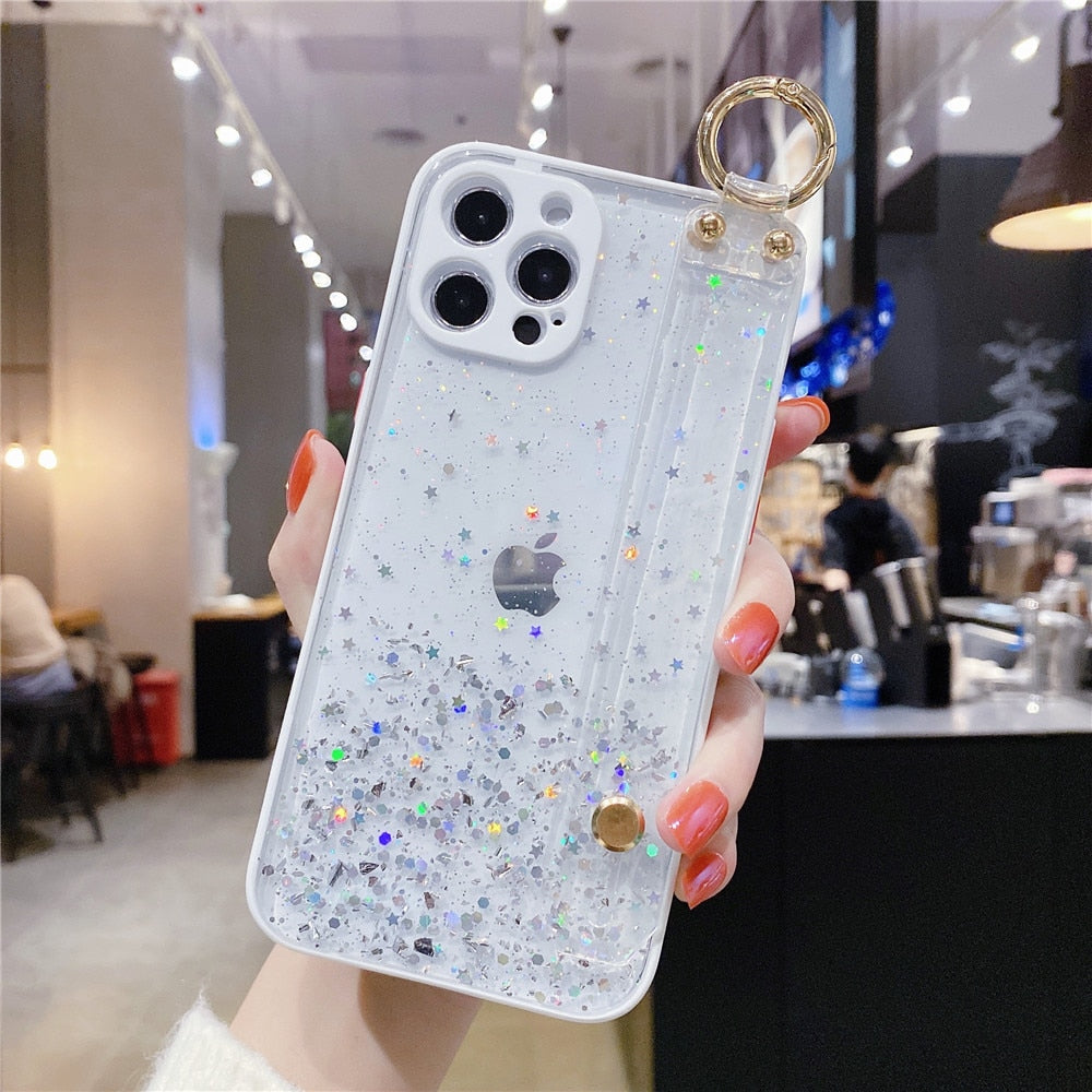 Anymob iPhone Case White Glitter Wristband Transparent Soft Wrist Strap Bracket Cover-Mobile Phone Cases-PEROZ Accessories