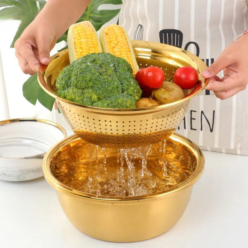 Anygleam Silver Stainless Steel Basket Strainer Bowl with Vegetable Cutter/ Slicer for Buffet and Restaurant Kitchenware-Kitchen Tools & Utensils-PEROZ Accessories
