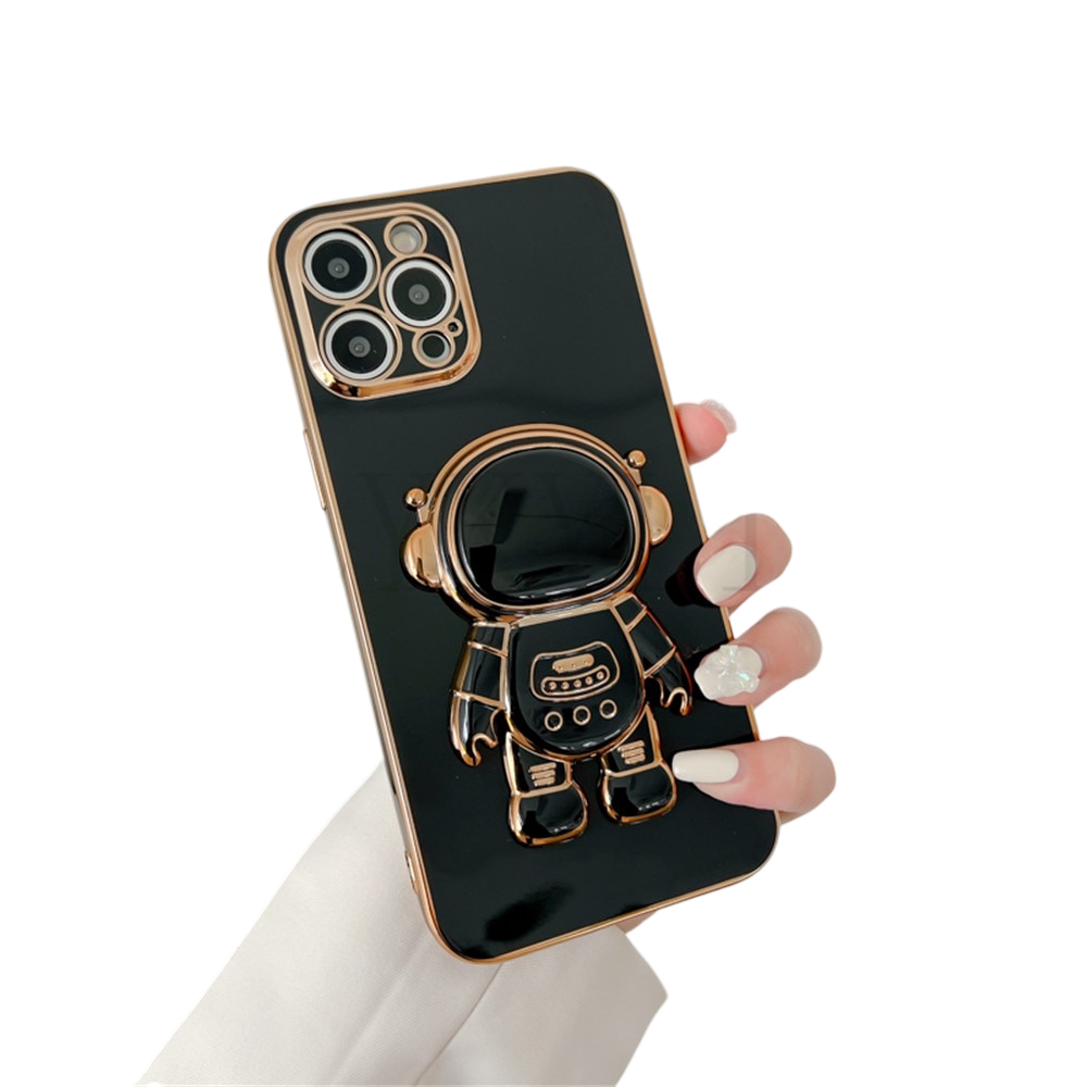 Anymob iPhone Case Black Cute Astronaut Stand Holder Soft Silicon Plating Bumper-Mobile Phone Cases-PEROZ Accessories