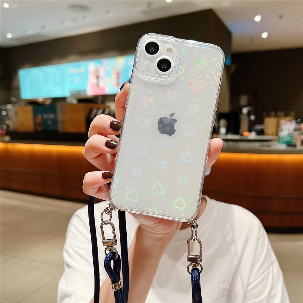 Anymob iPhone Case Dark Blue Clear Laser Love Heart Crossbody Lanyard Hang Strap Rope Cover-Mobile Phone Cases-PEROZ Accessories