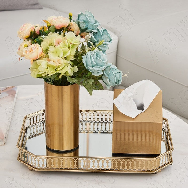Anyhouz 29cm Gold Rectangle Glass Mirror Base Metal Vanity Food Serving Organisr Jewelry Cosmetics Storage Tray with Handle-Food & Accessory Tray-PEROZ Accessories