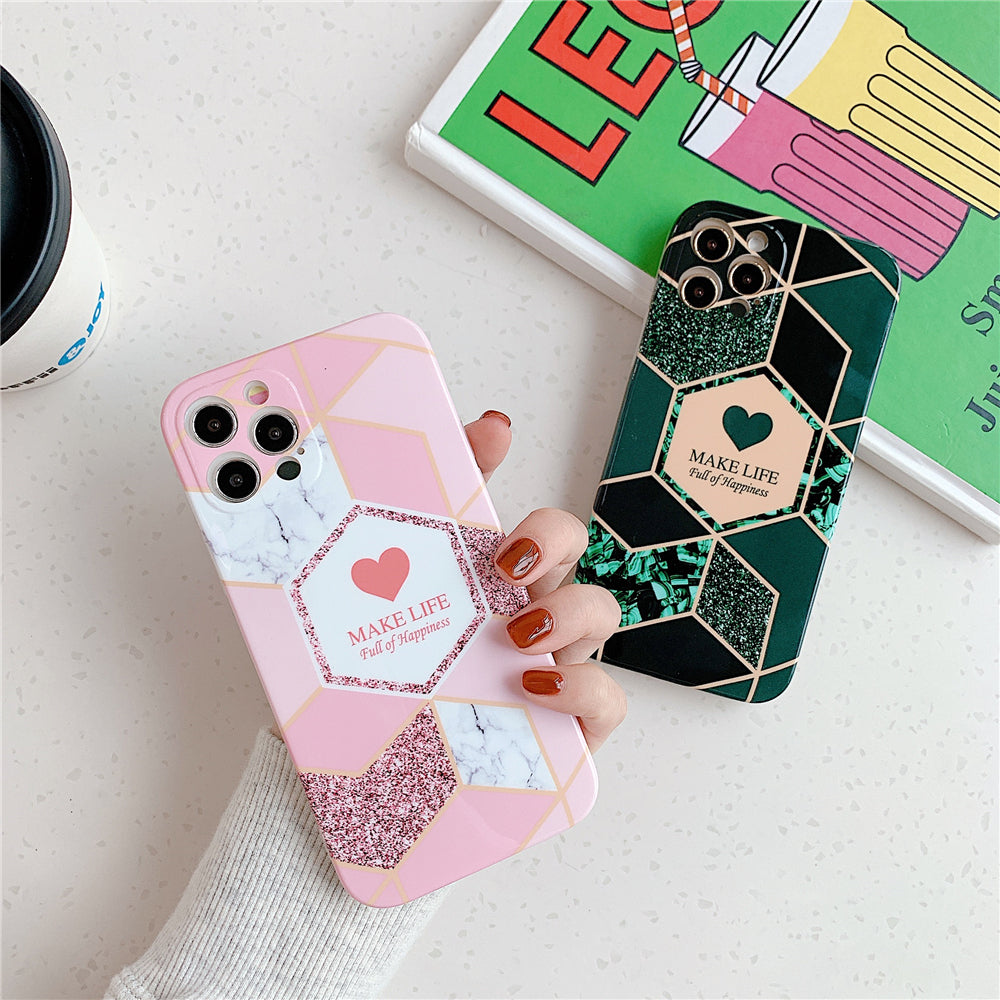 Anymob iPhone Green Geometric Love Heart Marble Phone Cases Silicone Shell Cover-Mobile Phone Cases-PEROZ Accessories