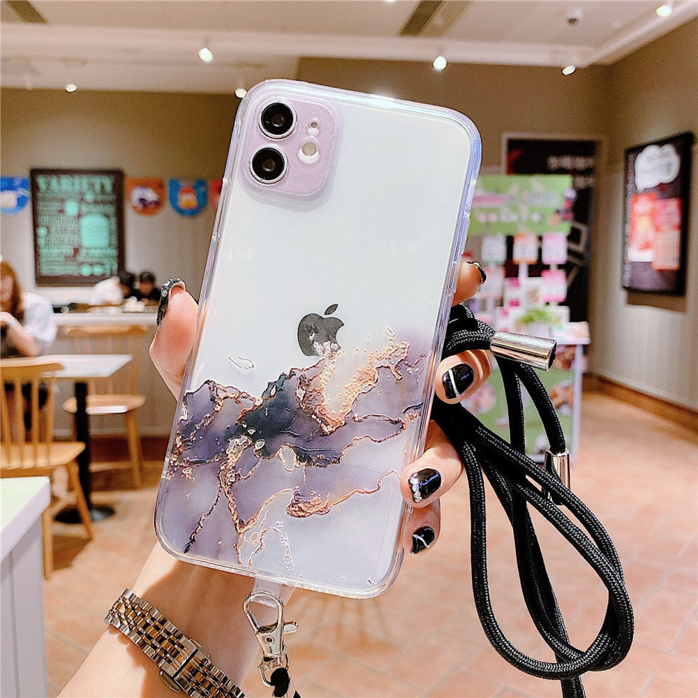 Anymob iPhone Case Marble Granite Black Crossbody Lanyard Soft TPU Chain Cover-Mobile Phone Cases-PEROZ Accessories