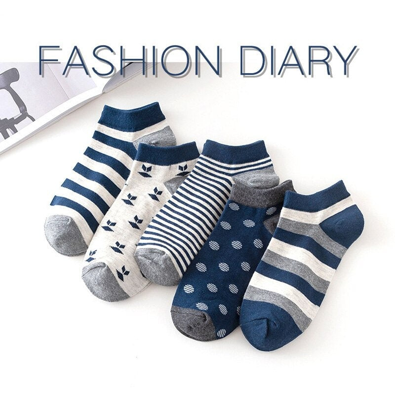 Anysox 5 Pairs One Size 5-11 Mixed Color Striped Spring Summer Unisex Navy Solid Striped Cotton Ankle Casual Socks-Socks-PEROZ Accessories