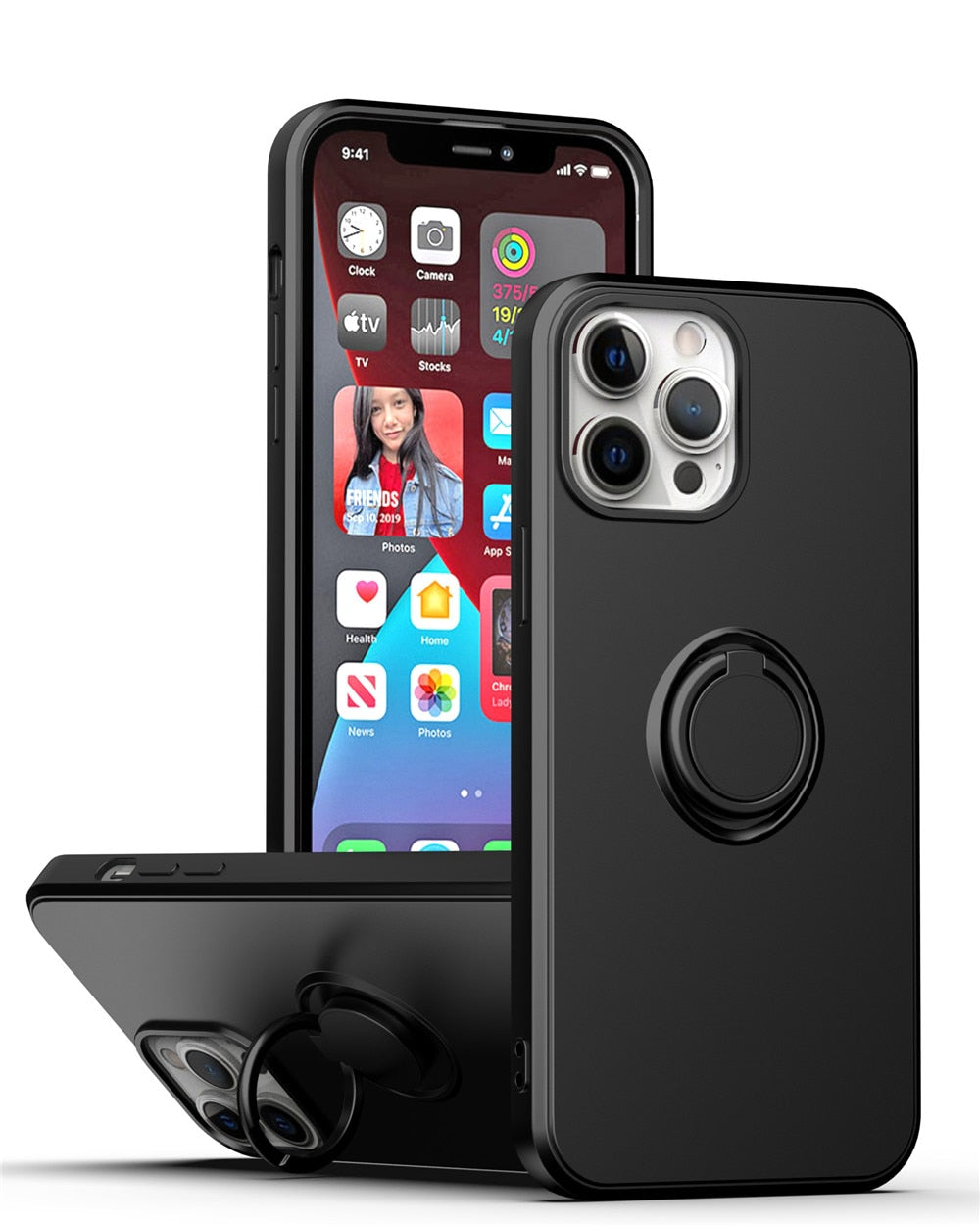 Anymob iPhone Case Black Shockproof Silicone Ring Holder Magnetic Stand Back Cover-Mobile Phone Cases-PEROZ Accessories