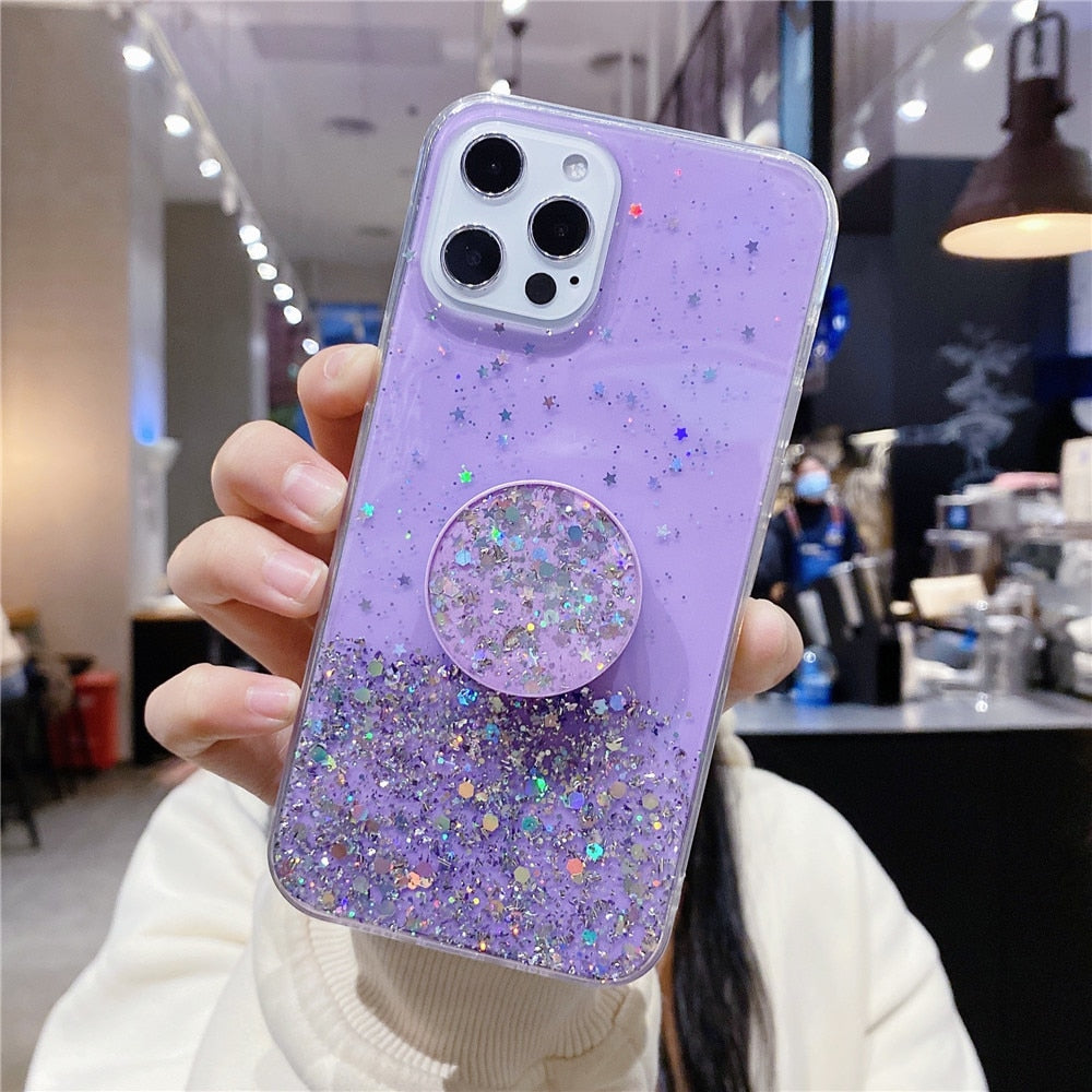 Anymob iPhone Case Purple Transparent Glitter Silicone Holder Stand Shell-Mobile Phone Cases-PEROZ Accessories