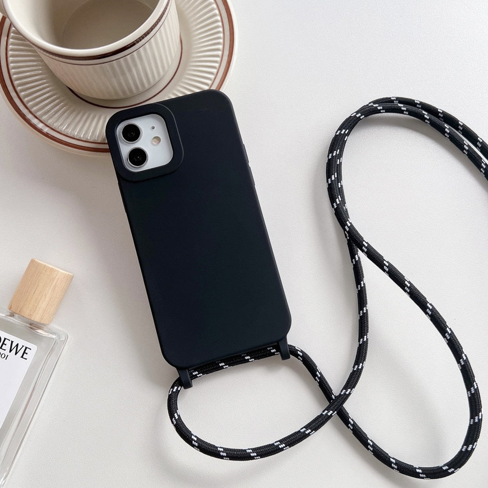 Anymob iPhone Case Black Crossbody Necklace Strap Lanyard Cord Soft Silicone Cover-Mobile Phone Cases-PEROZ Accessories