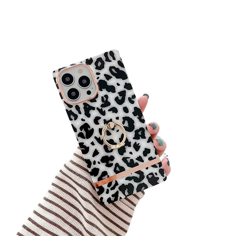 Anymob iPhone Case Black Leopard Print Square Cover Soft Silicone With Ring Holder Bumper Shell-Mobile Phone Cases-PEROZ Accessories