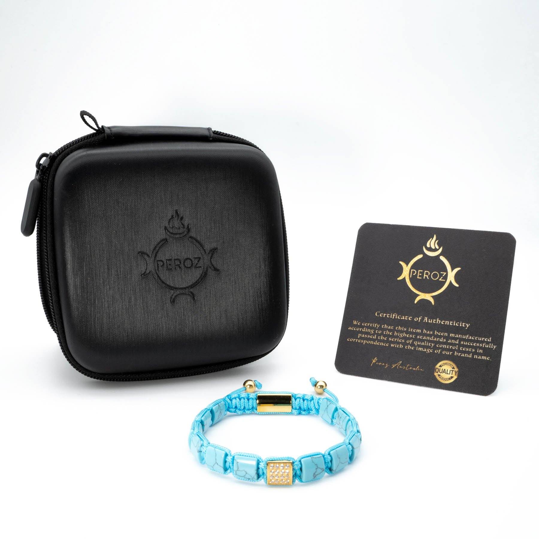 Turquoise Agate Beaded Bracelet with Gold Plated CZ Setting