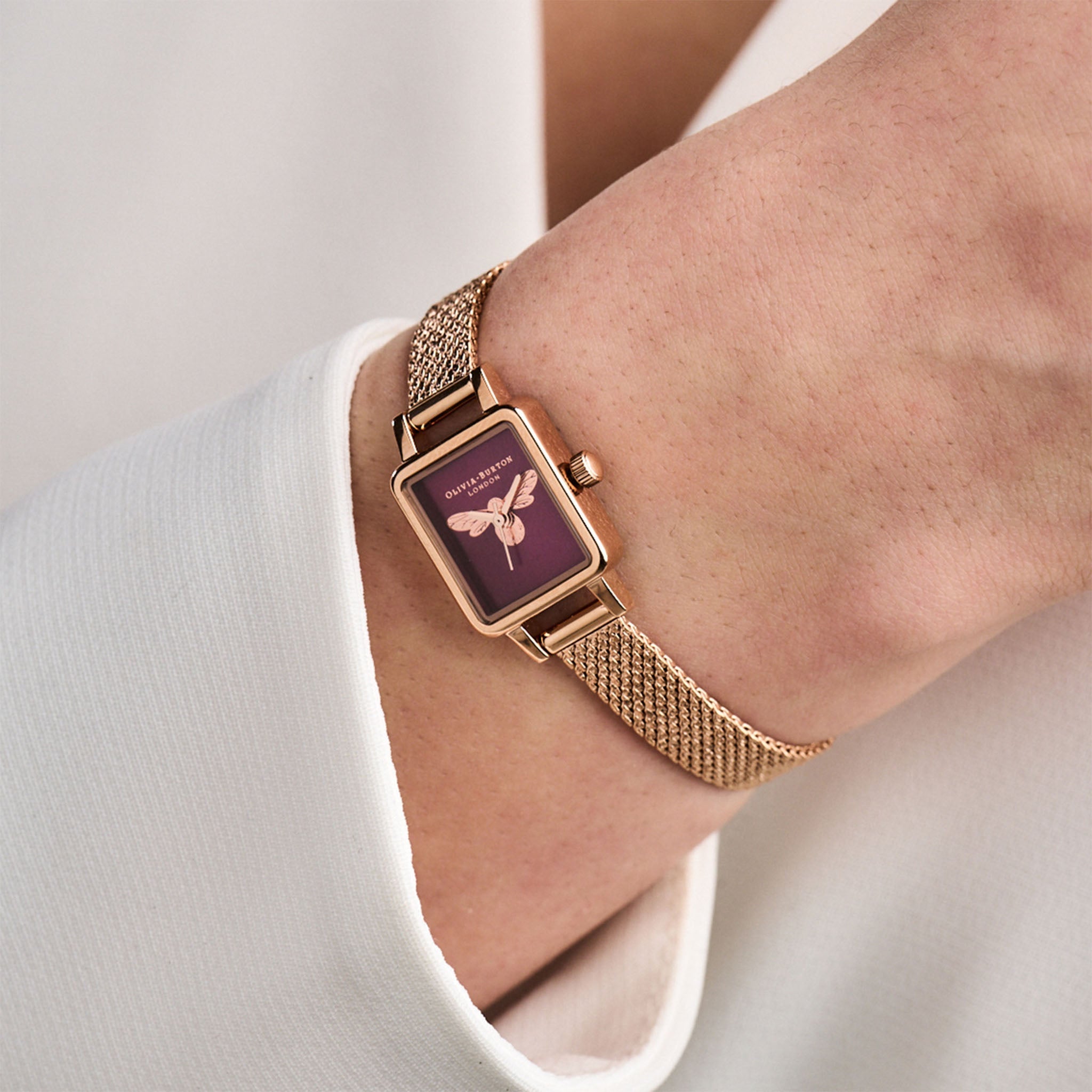 Olivia Burton Ionic Rose Gold Plated Steel Burgundy Sunray & Bee Dial Ladies Watch - OB16FB28-Quartz Watches-PEROZ Accessories