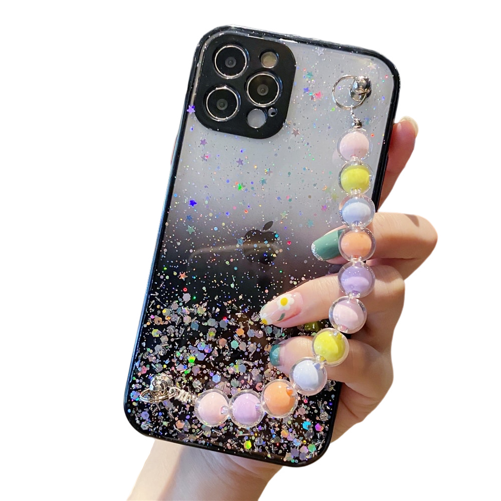 Anymob iPhone Case Black Colorful Pearl Bracelet Gradient Glitter Soft Silicone Cover-Mobile Phone Cases-PEROZ Accessories