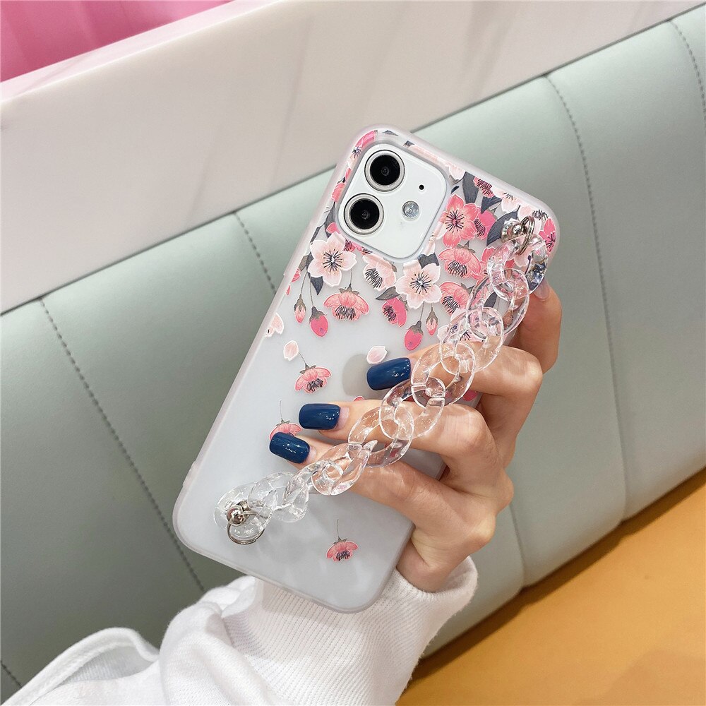 Anymob iPhone Case Transparent Baby Pink Flower Wrist Chain Bracelet Silicone Flower Phone Cover-Mobile Phone Cases-PEROZ Accessories