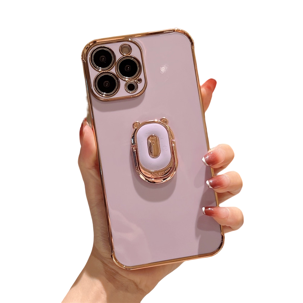 Anymob iPhone Case Purple Cute Bear Ring Holder Plating Silicon Stand Finger Bracket Back Cover-Mobile Phone Cases-PEROZ Accessories