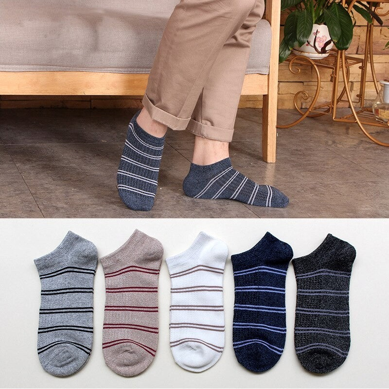 Anysox 5 Pairs One Size 5-11 Multicolor Lines Spring Summer Unisex Navy Solid Striped Cotton Ankle Casual Socks-Socks-PEROZ Accessories