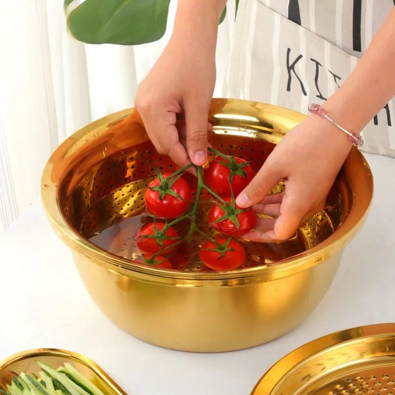 Anygleam Silver Stainless Steel Basket Strainer Bowl with Vegetable Cutter/ Slicer for Buffet and Restaurant Kitchenware-Kitchen Tools & Utensils-PEROZ Accessories