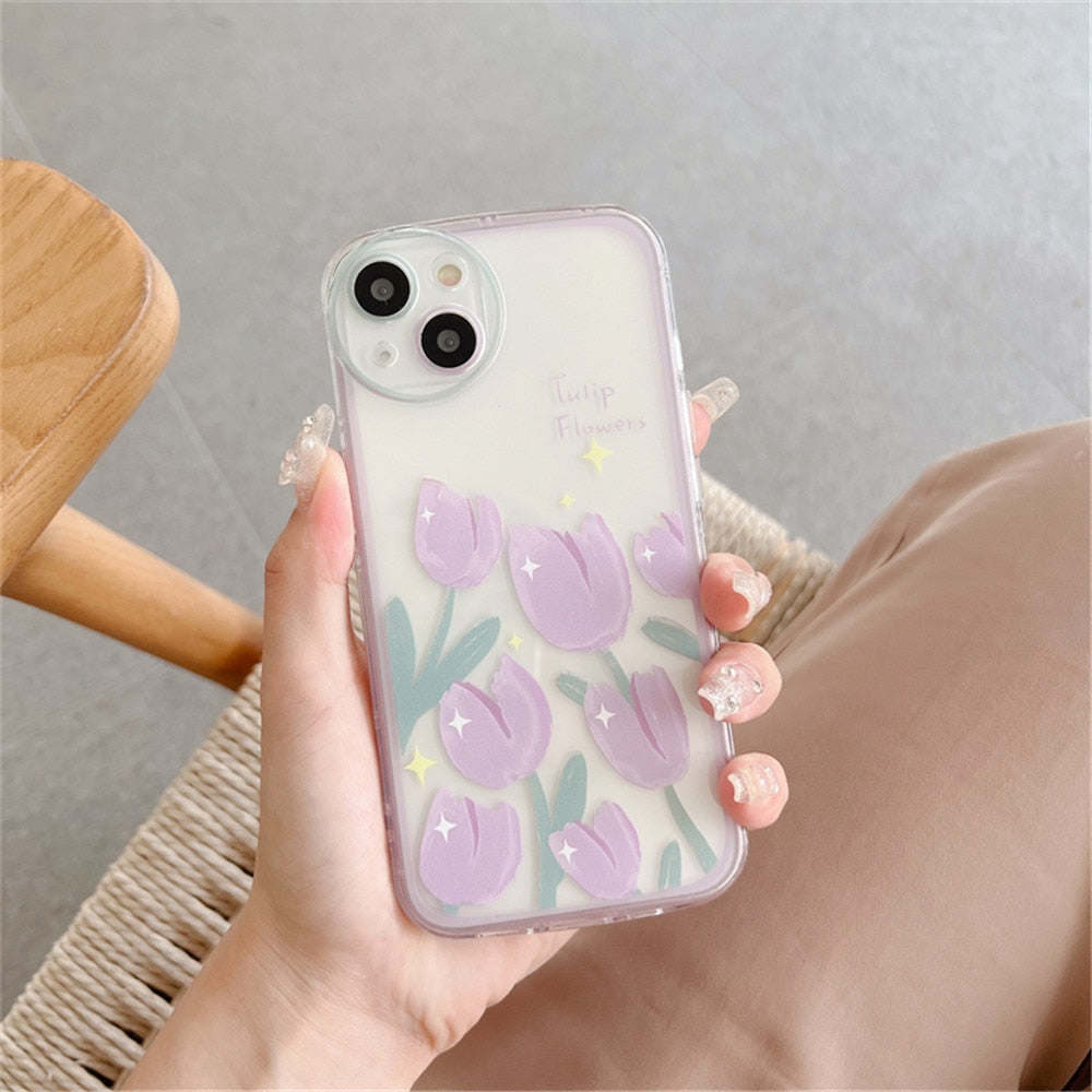 Anymob iPhone Case Purple Round Hole Camera Flowers Clear Soft Silicone Air Cushion Shockproof Cover-Mobile Phone Cases-PEROZ Accessories
