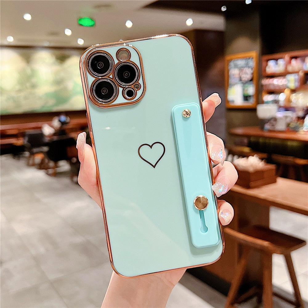 Anymob iPhone Case Light Blue Love Heart Plating Wristband Bracket Electroplated Silicone Soft Shockproof Back Cover-Mobile Phone Cases-PEROZ Accessories