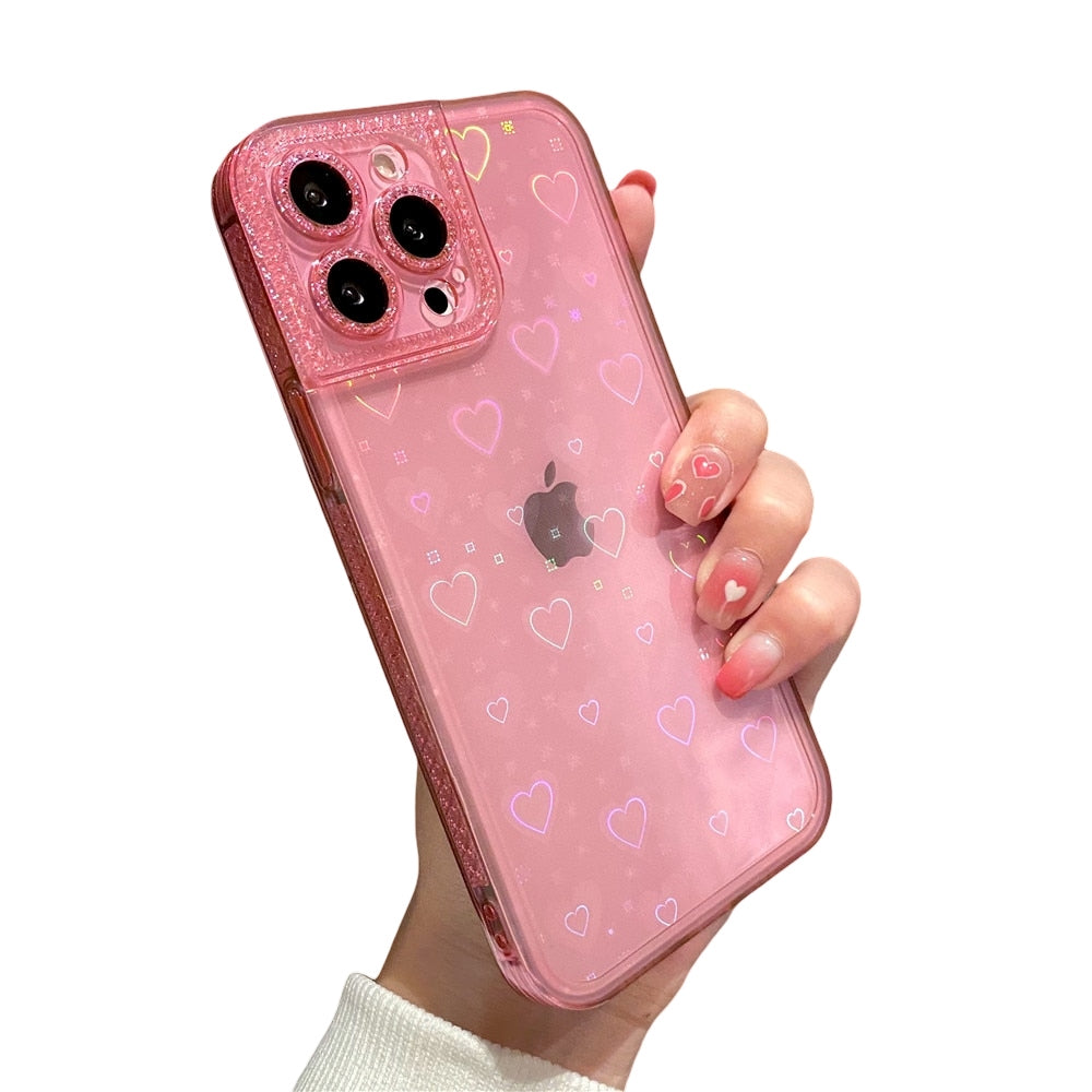 Anymob iPhone Pink Holographic Love Heart Clear Phone Case Transparent Cover-Mobile Phone Cases-PEROZ Accessories
