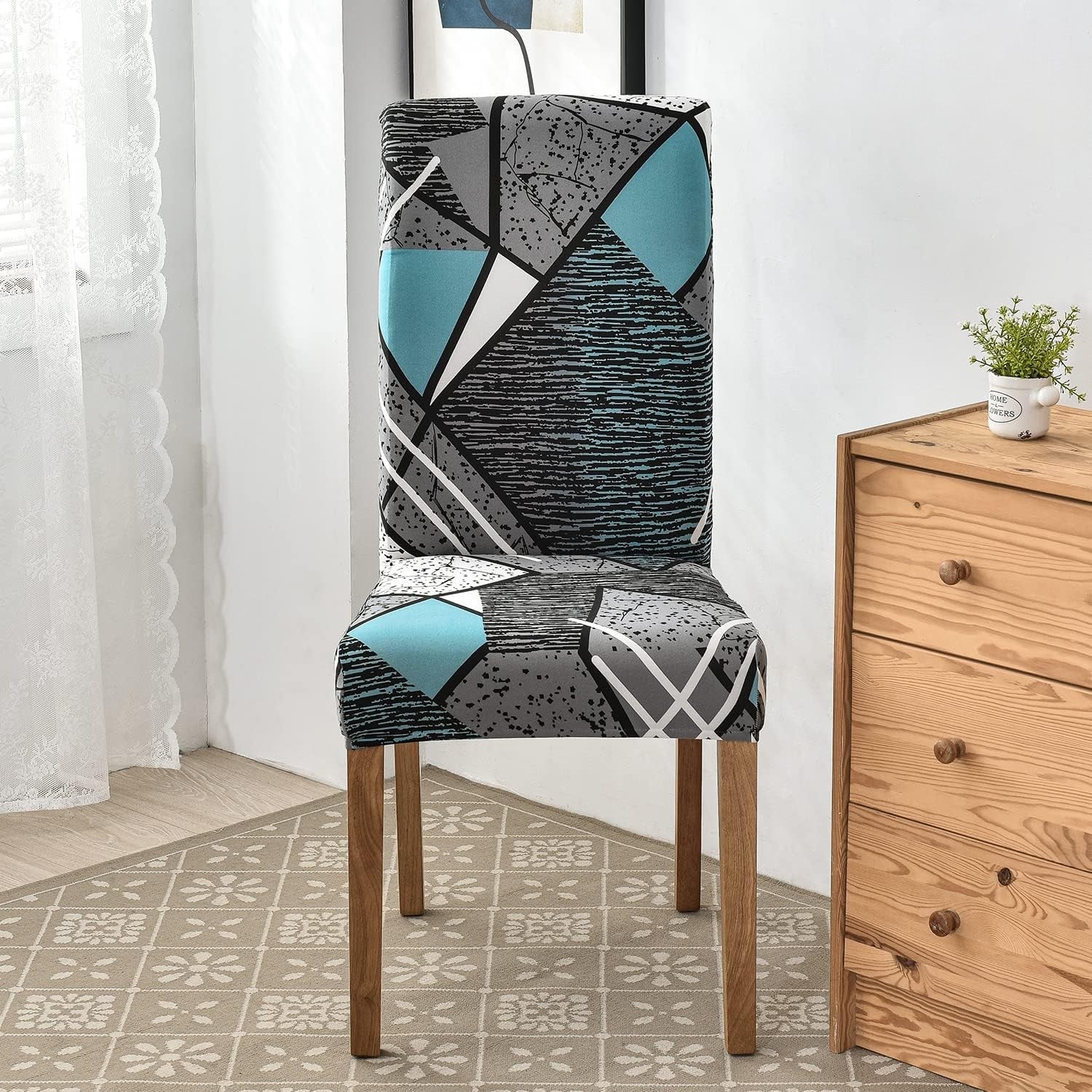 Anyhouz Chair Cover Sky Blue Linear and Shapes Design with Anti-Dirt and Elastic Material for Dining Room Kitchen Wedding Hotel Banquet Restaurant-Chair Cover-PEROZ Accessories