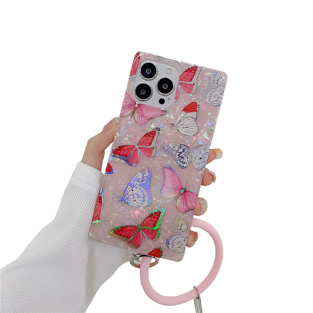 Anymob iPhone Case Red Butterfly Shell Texture Wristband Soft Square Phone Cover-Mobile Phone Cases-PEROZ Accessories