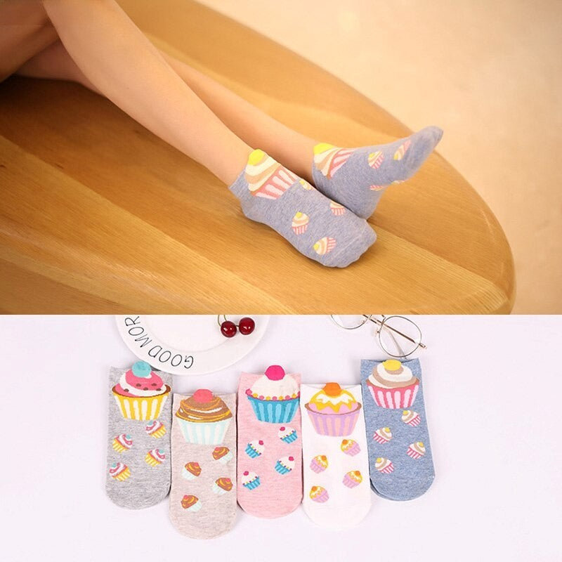 Anysox 5 Pairs One Size 5-9 Multicolor Cake Summer Invisible Female Fashion Casual Cute Cartoon Short Cotton Ladies Dropship-Socks-PEROZ Accessories