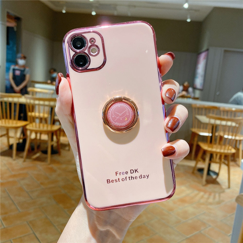 Anymob iPhone Case Pink Electroplating Ring Holder Soft Phone Cover Protection-Mobile Phone Cases-PEROZ Accessories