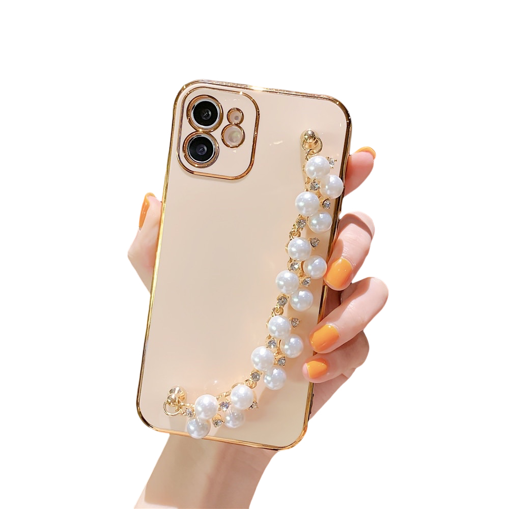 Anymob iPhone Case Beige Pearl Bracelet Electroplating Silicone Cover With Wristband-Mobile Phone Cases-PEROZ Accessories