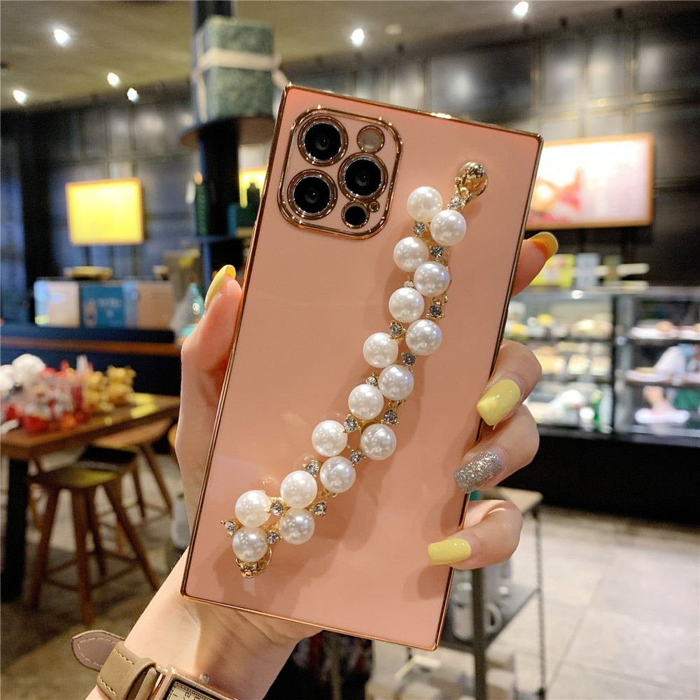 Anymob iPhone Case Pink Pearl Diamond Bracelet Square Plating Soft Chain Back Cover-Mobile Phone Cases-PEROZ Accessories