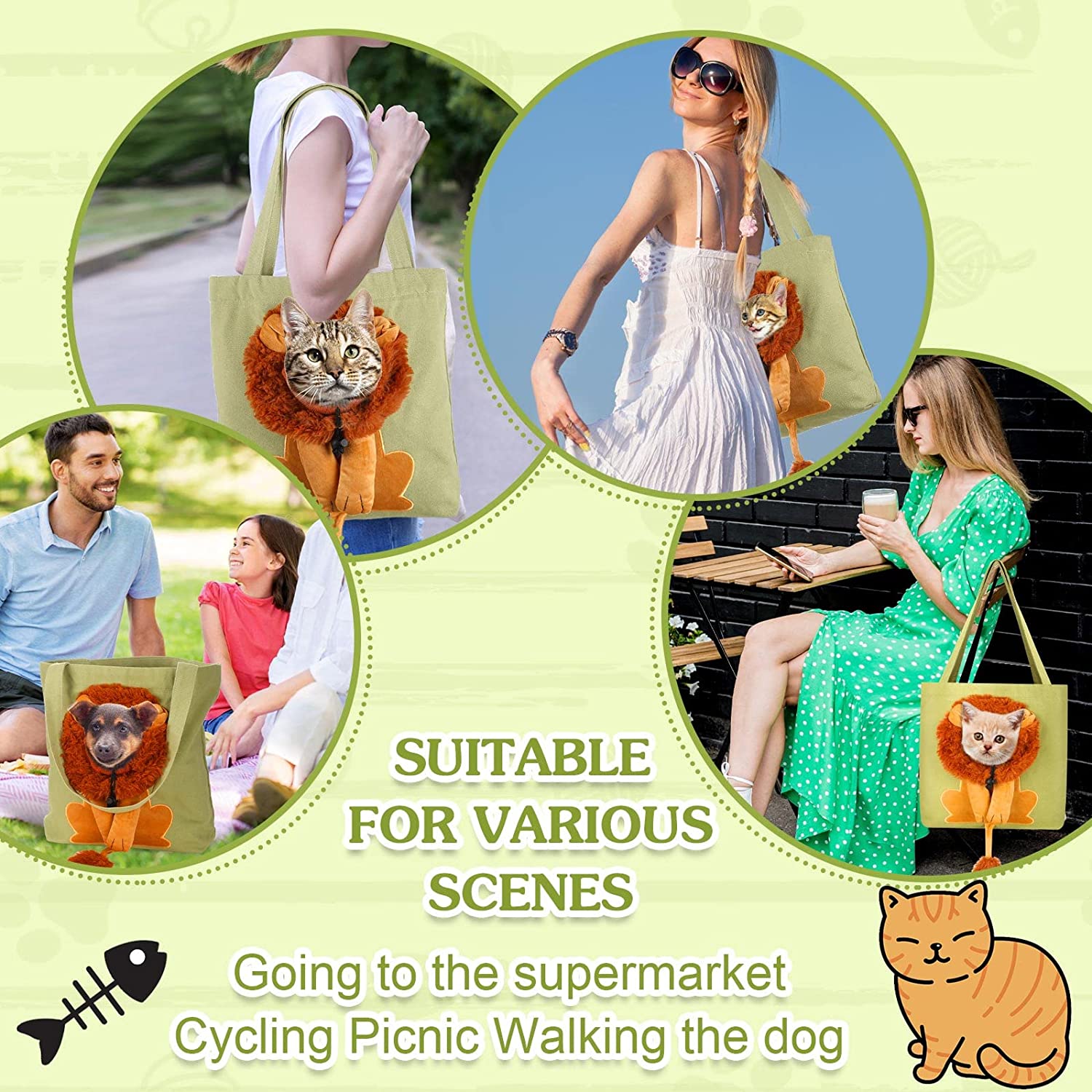 AnyWags Cat Handbag 35cm Light Green 3D Lion Soft Collar Pets Carrier Luggage Small Dog Travel Tote Bag With Pet Canvas-Pet Supplies-PEROZ Accessories