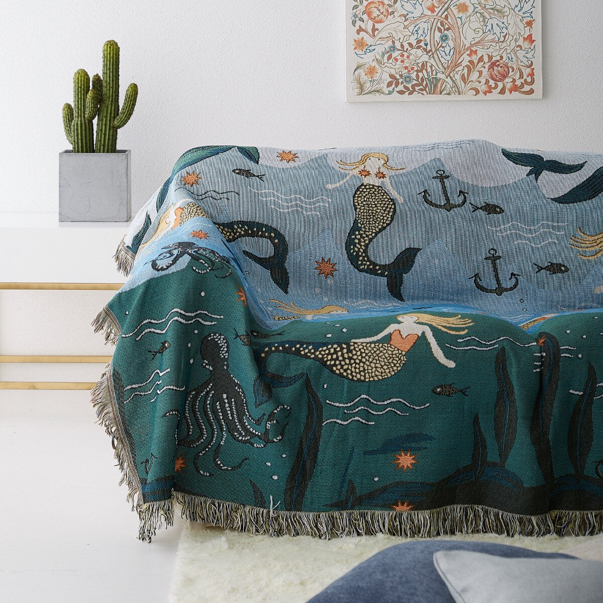 Anyhouz Throw Blanket Blue Faux Cashmere Sofa Cover Mermaid Pattern Tassel Soft Picnic Camping Mat130*160cm-Blankets-PEROZ Accessories