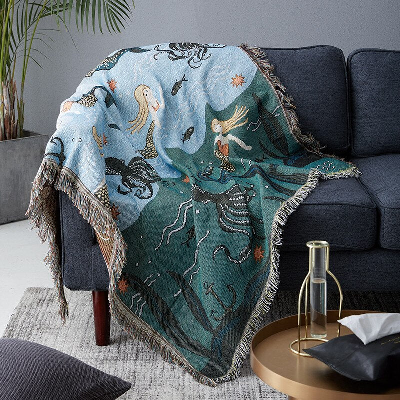 Anyhouz Throw Blanket Blue Faux Cashmere Sofa Cover Mermaid Pattern Tassel Soft Picnic Camping Mat 180*230cm-Blankets-PEROZ Accessories