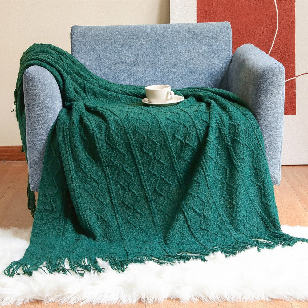 Anyhouz Green Throw Blanket Faux Cashmere Sofa Cover Vertical Bar Diamond Knit Plaid Tassels Blanket for Spring Summer 130*230cm-Blankets-PEROZ Accessories